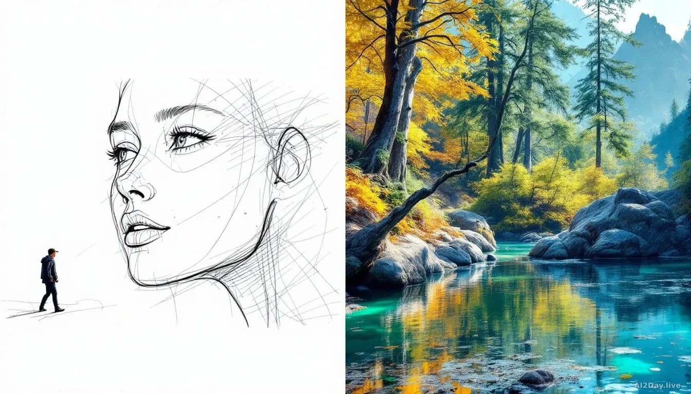 Illustration: A digital workspace showing a rough pencil sketch drawn on a tablet screen next to the polished