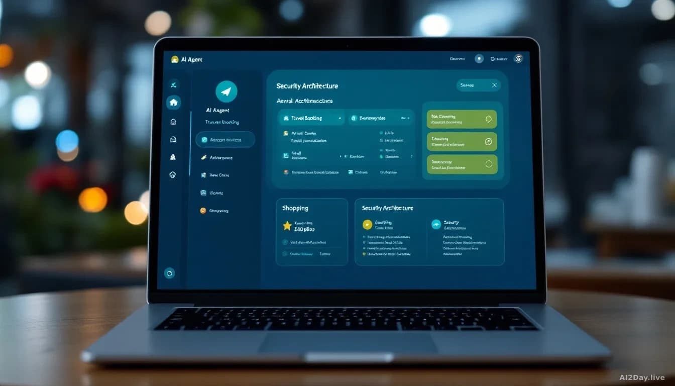 Illustration: A laptop or tablet screen displaying an AI agent interface for travel booking