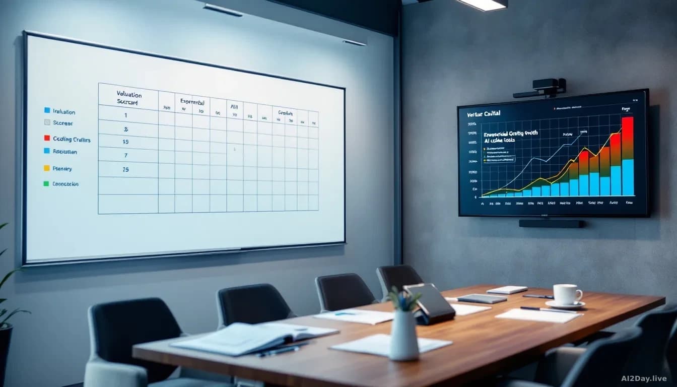 A venture capital conference room with a valuation scorecard on a whiteboard, investment documents, and a presentation screen showing exponential growth curves 