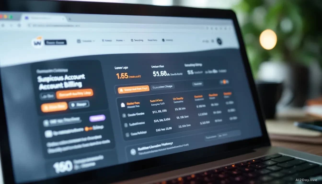 A laptop screen showing suspicious account activity logs and unauthorized charges on a subscription billing page, with security alerts and transaction history v