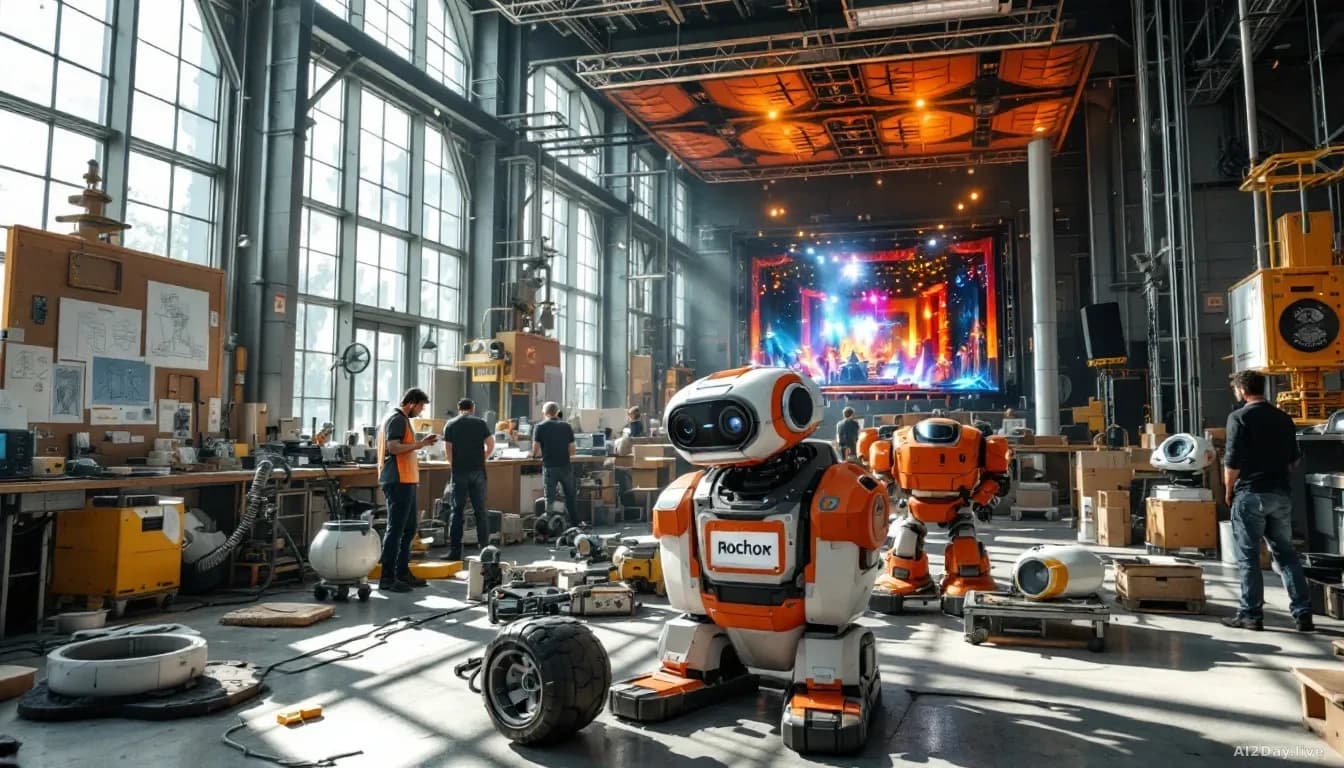 A theme park development workshop with robotic prototypes being assembled, design sketches on walls, and engineers working on mechanical systems with entertainm