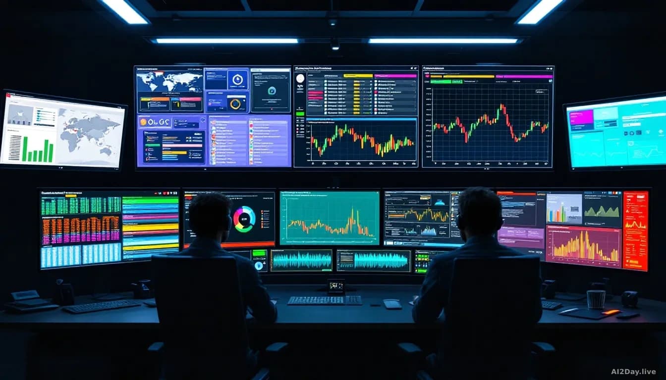 A cybersecurity operations center with multiple screens displaying security patch deployment dashboards, vulnerability tracking systems, and real-time threat mo