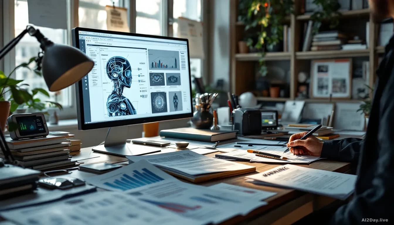 A scientist's study with research papers spread across a desk, a computer monitor showing complex AI model diagrams, and a published warning document prominentl