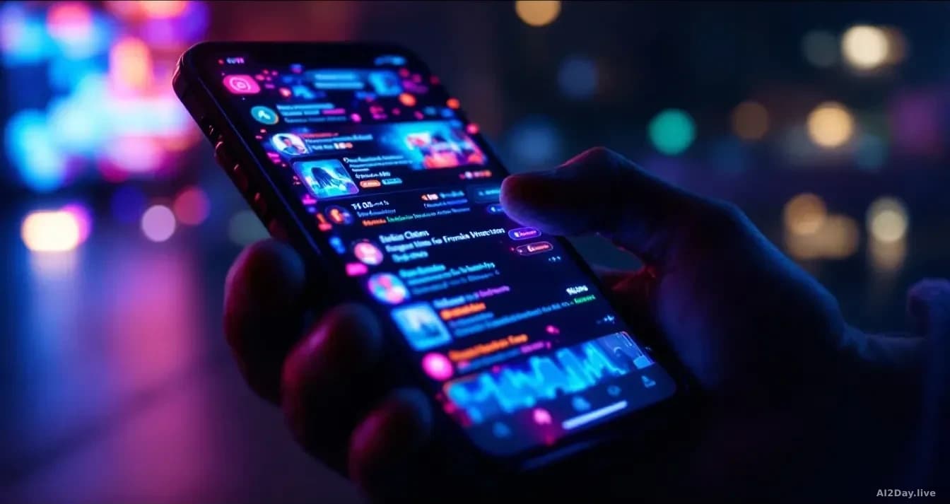 A phone screen glowing in dim light showing a social media feed overflowing with colorful AI-generated images and unsubstantiated financial claim posts, scrolli
