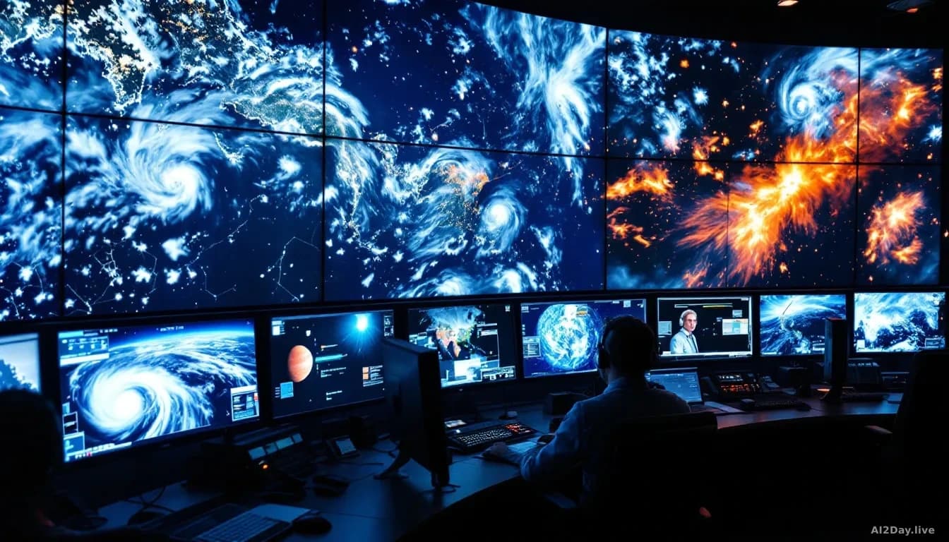 A satellite command center with monitors displaying Earth imagery at extreme resolution, showing both disaster-affected regions and weather patterns, with opera