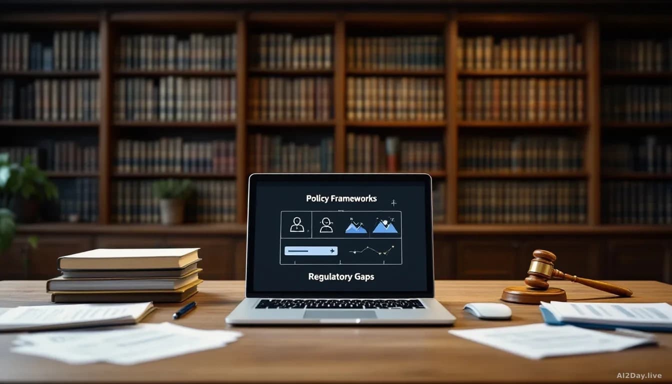 A law library with rows of books and a modern desk containing legal documents, a laptop showing policy frameworks, and papers analyzing regulatory gaps