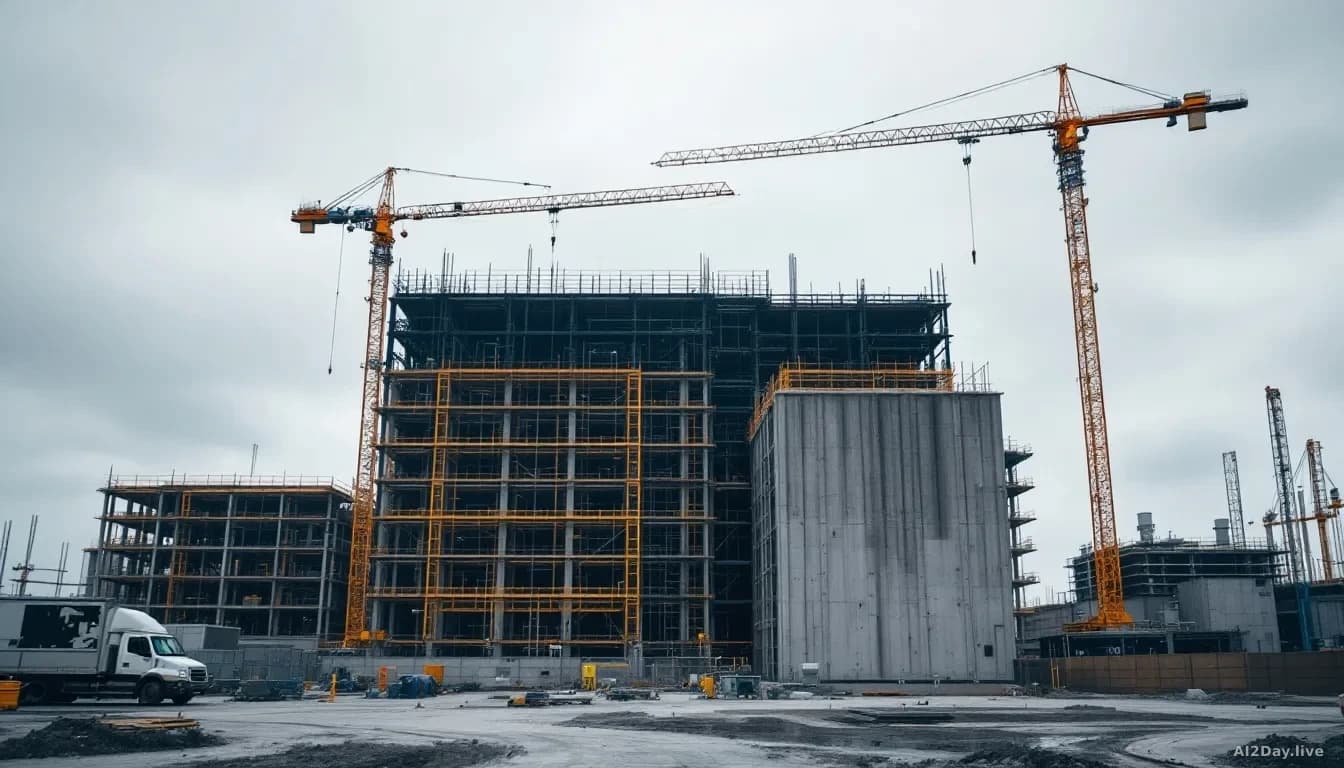 A construction site of a large data centre facility under development, with cranes and industrial equipment, positioned against a gray sky with environmental mo