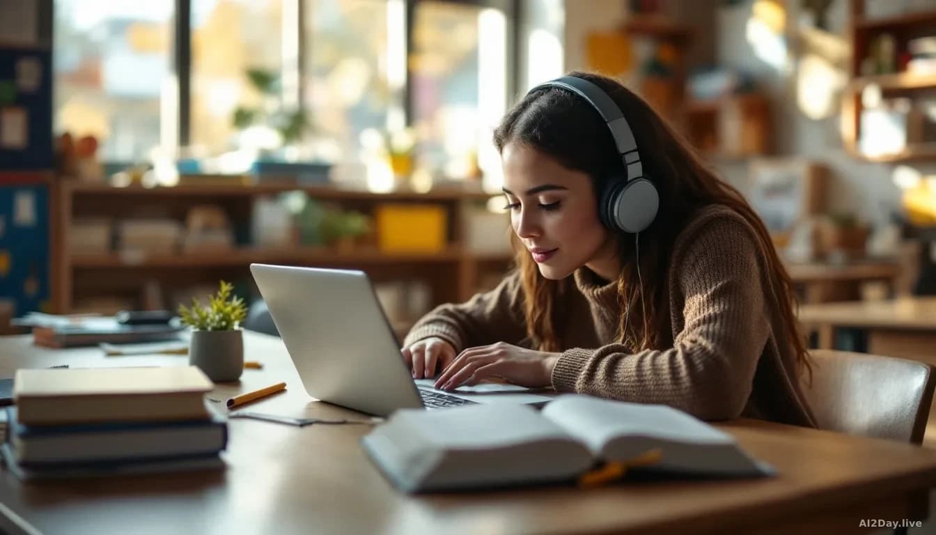A classroom where a student uses a laptop alongside traditional learning tools, with a textbook and digital device coexisting on a desk, natural window light il