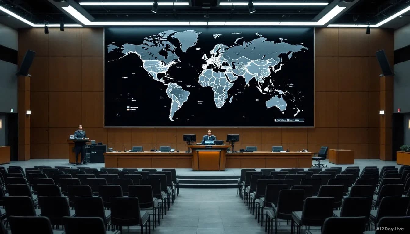 A large military briefing room with a tactical map of international alliances displayed on the wall, a presenter's podium with technological equipment, and rows