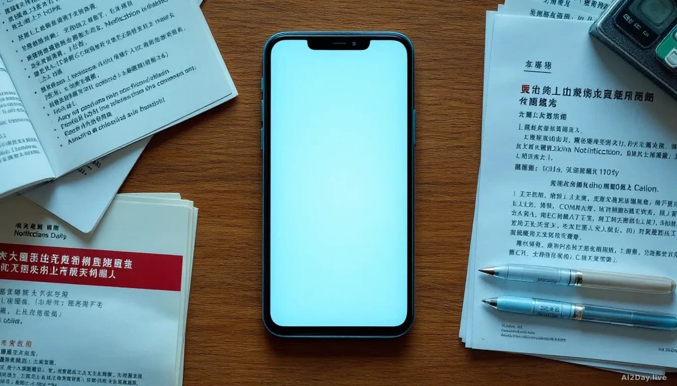 A teenager's smartphone on a table displaying an empty companion app interface with notifications disabled, surrounded by Chinese language regulatory notices an