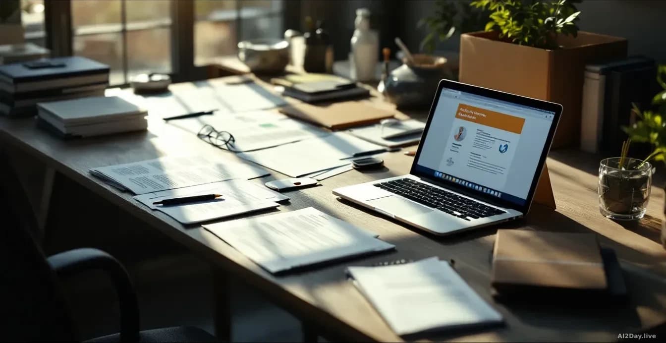 A desk in a modern research office, partially cleared with a cardboard box and personal items, afternoon light casting long shadows across resignation papers an