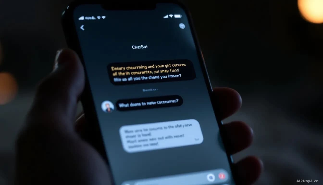 A smartphone screen displaying a chatbot conversation interface, with subtle visual indicators of concerning exchanges, set against a softly lit background sugg