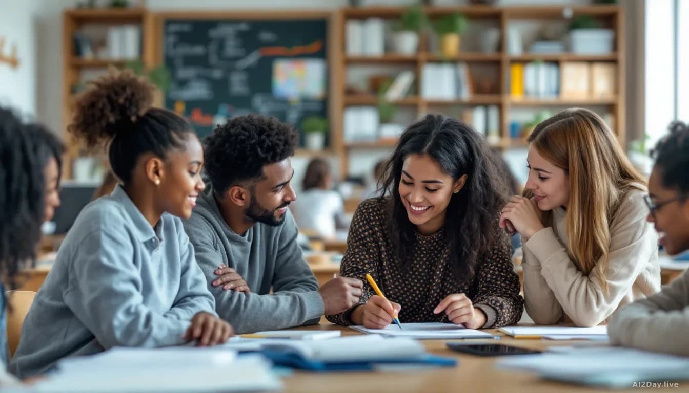 A classroom of diverse students engaged in critical thinking during a lesson, with some using AI tools alongside traditional study materials, showing collaborat