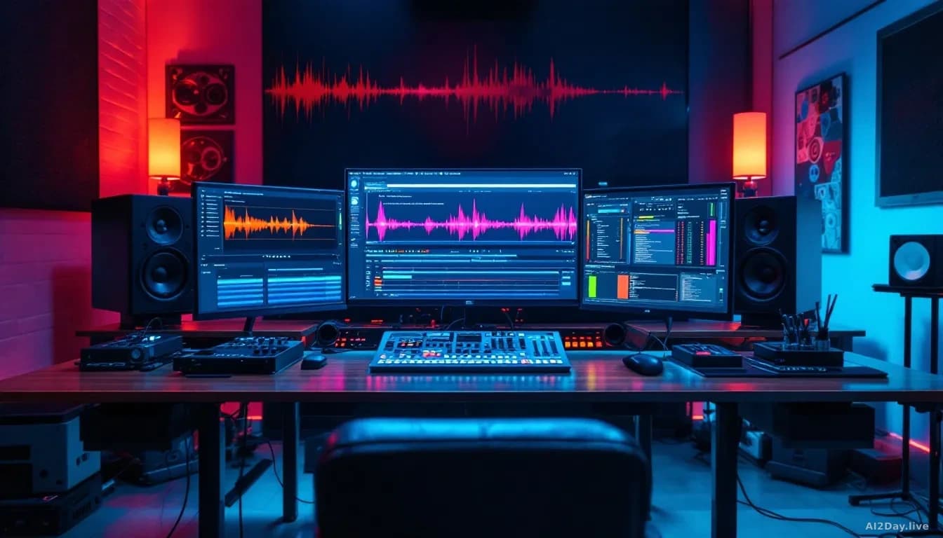 A music production studio with audio equipment and software displaying licensed music data being processed by AI systems, with waveforms and licensing metadata 