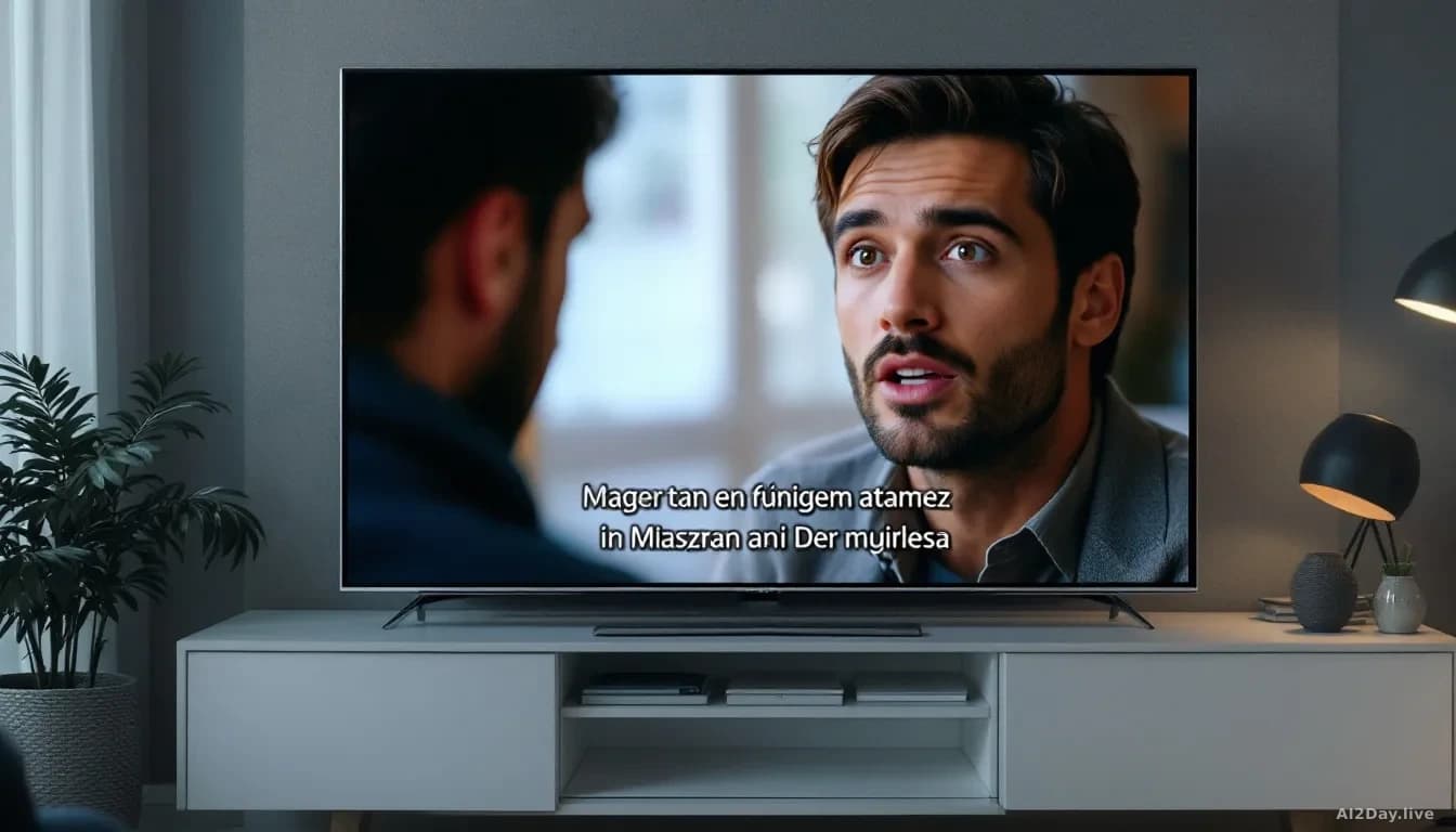 A TV screen displaying a dubbed foreign-language show with an actor speaking, their lips synchronized to translated audio, viewed from a living room perspective