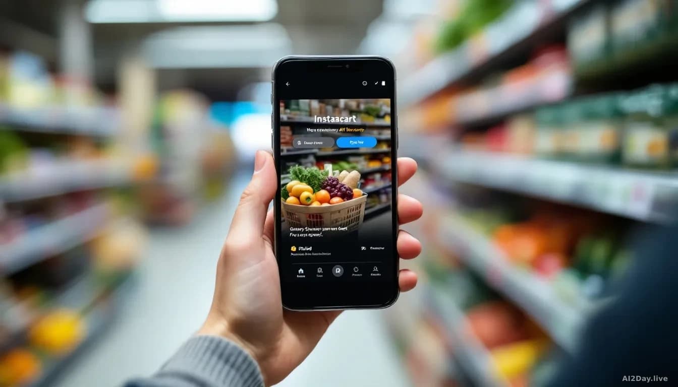 A smartphone showing Instacart's AI shopping assistant interface with a pre-filled grocery cart, a person's hand holding the phone, grocery shelves visible in t