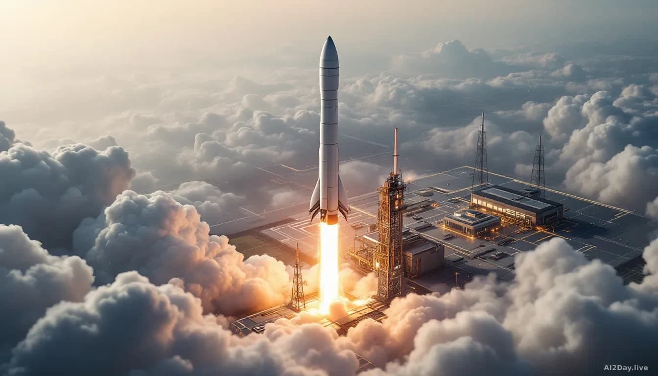 A SpaceX rocket launching from a pad carrying a payload destined for orbit, with a technical illustration or visualization suggesting an in-space semiconductor 