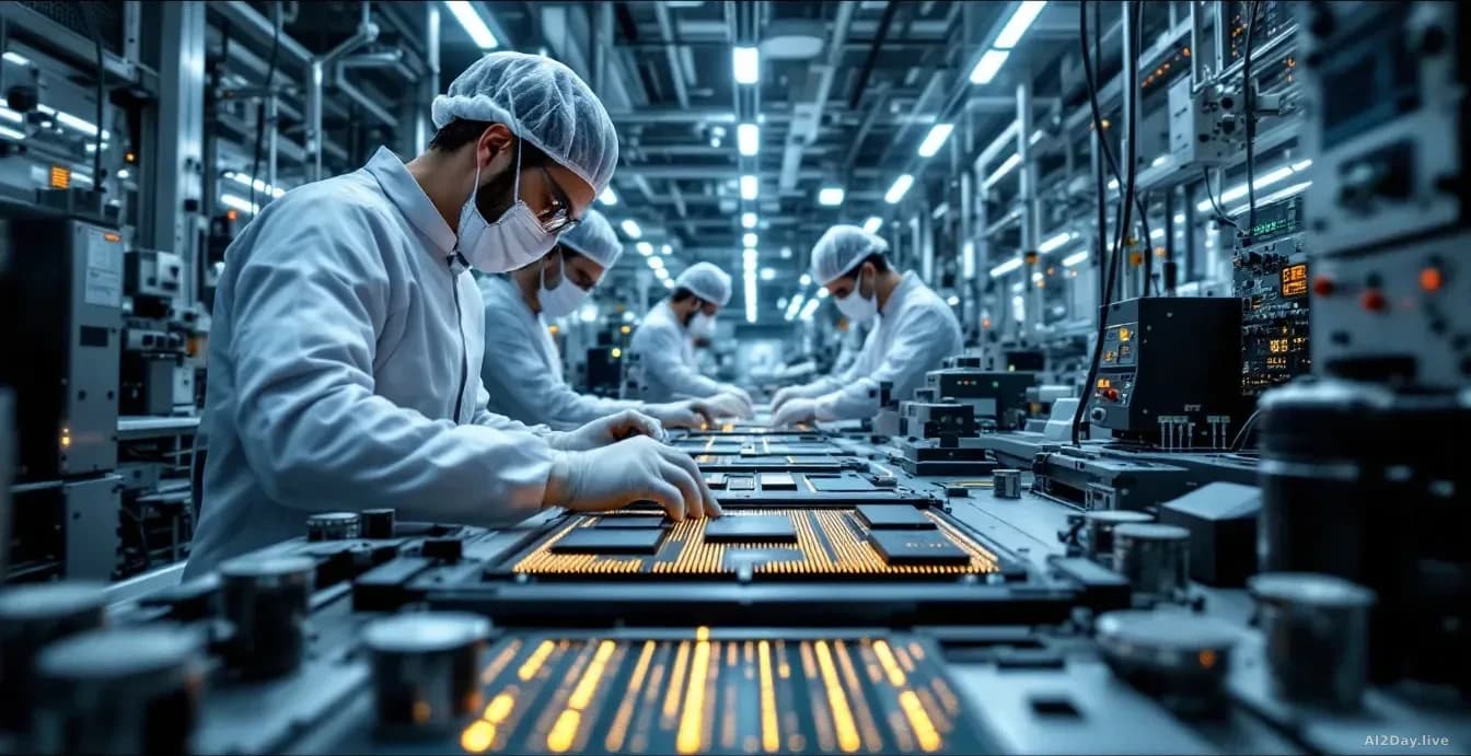 Inside a semiconductor manufacturing facility, technicians working with chip production equipment designed to maximize memory capacity, with industrial fabricat