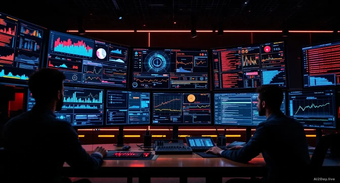 A cybersecurity operations center monitoring AI agent activity across corporate systems, with multiple screens displaying data flows, access logs, and threat de
