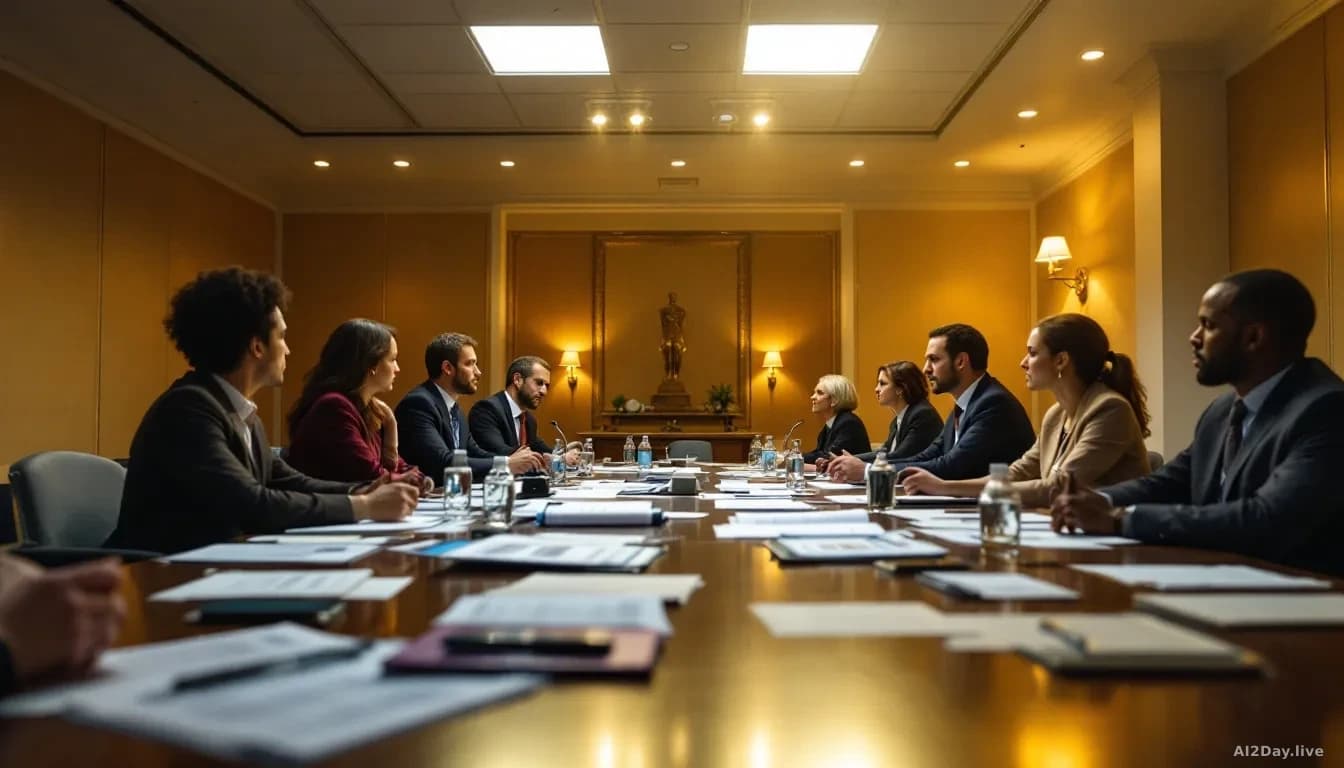 A conference room with policy experts and researchers discussing emerging technology risks, with documentation and analytical materials spread across a large ta
