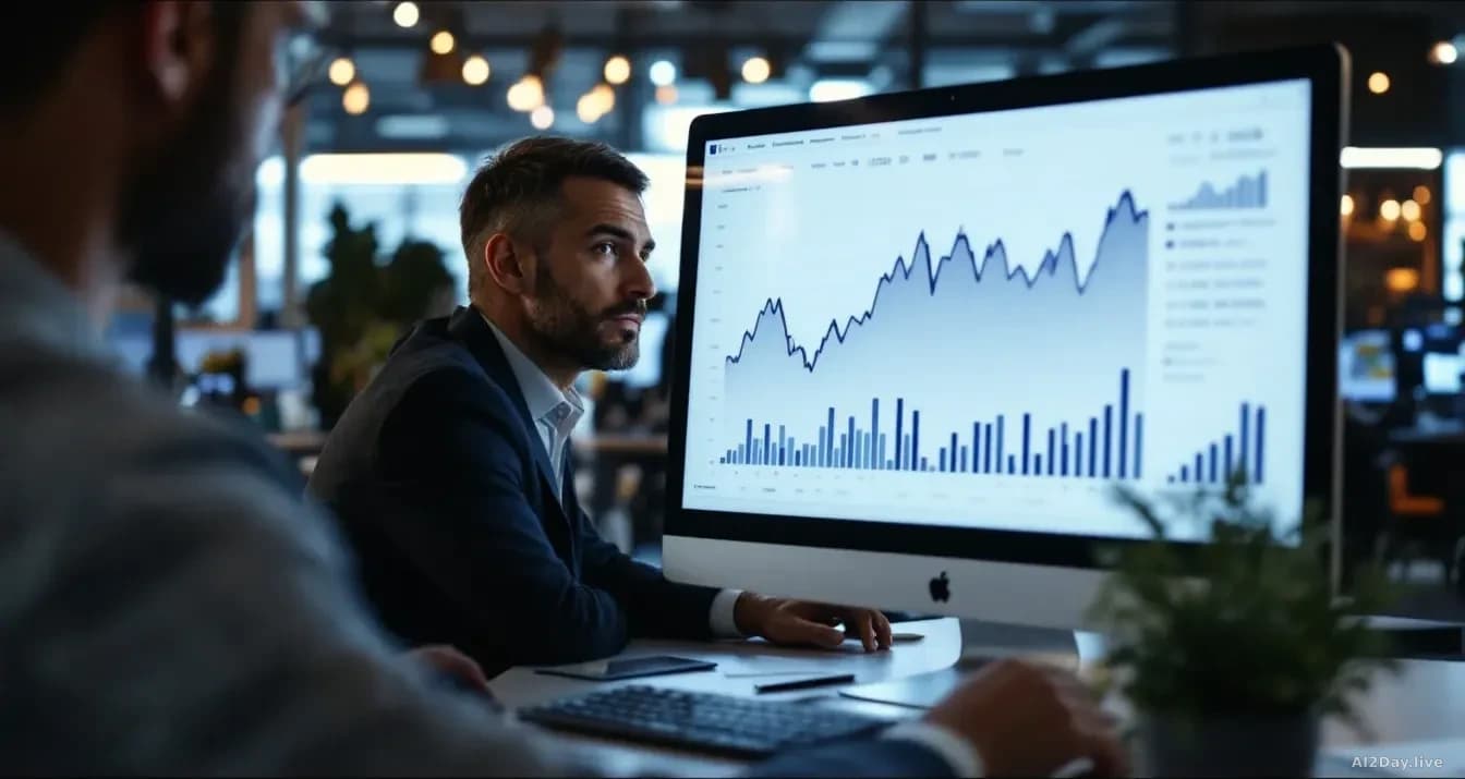 A business analyst reviewing declining growth charts and market data on a computer, with corporate offices and workspaces visible in the background, suggesting 