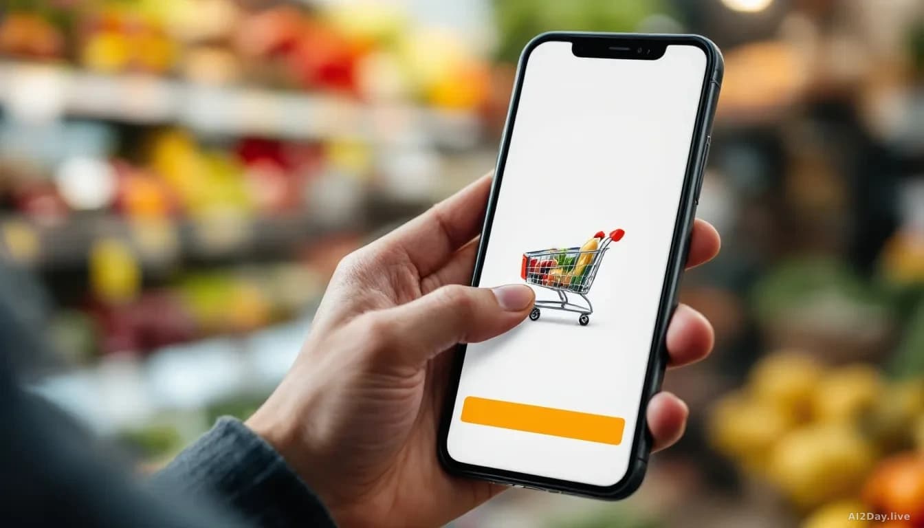A grocery shopping app interface on a phone showing a prepared shopping cart with food items organized and ready for checkout, with a person's finger interactin