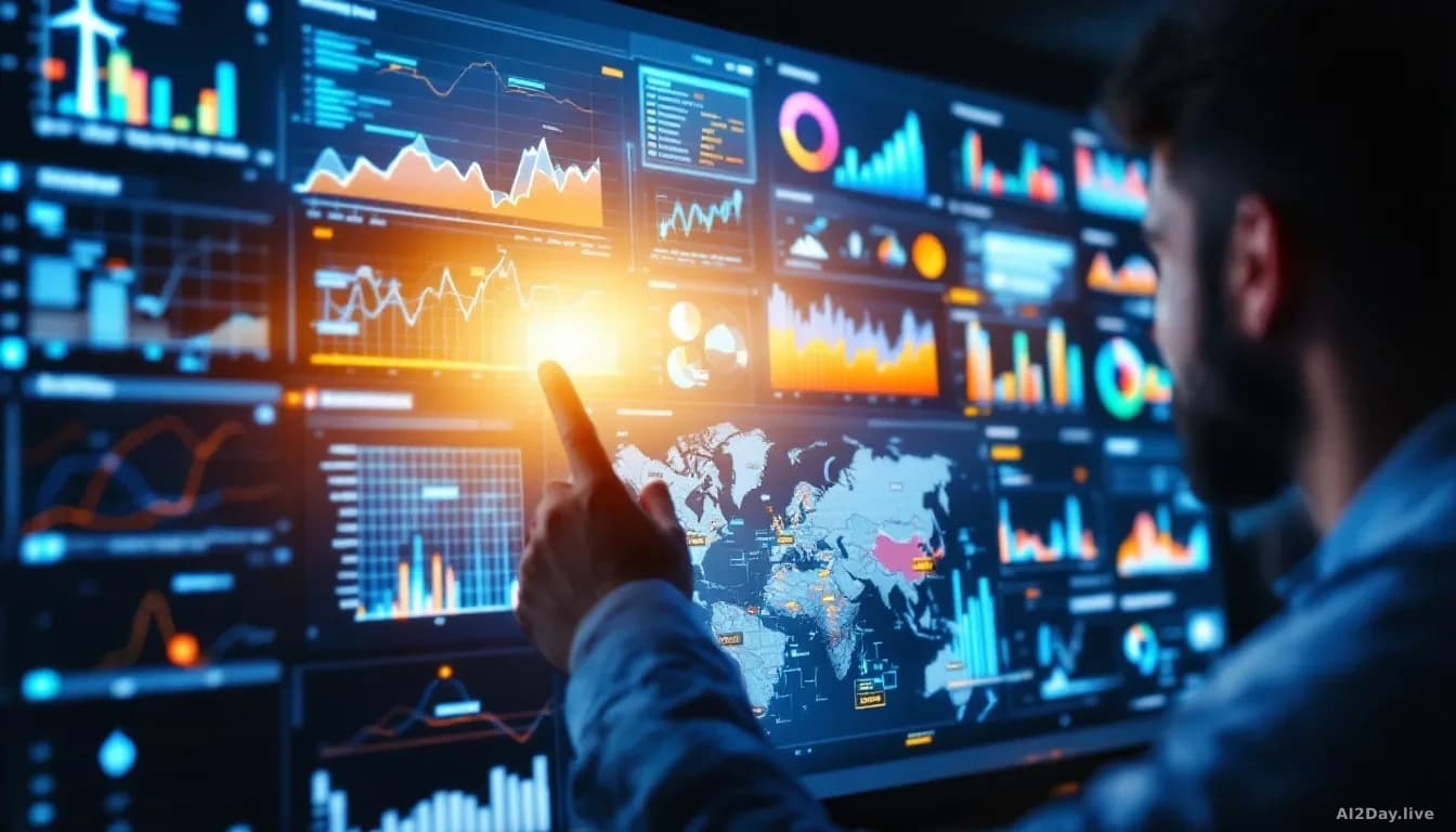 A data analyst reviewing predictive charts and forecasting graphs on a large display, with energy grids, traffic patterns, and demand metrics visualized in the 