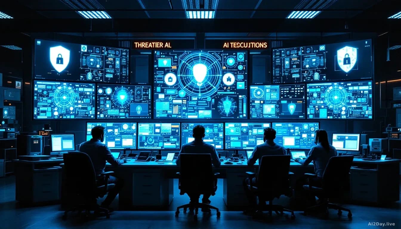 A computer laboratory with security systems, monitoring stations, and AI researchers reviewing complex threat models on multiple screens, conveying urgency and 