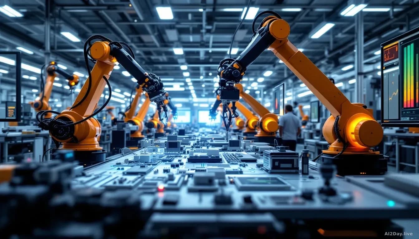 Inside a robotics laboratory, multiple robotic arms and automated systems work simultaneously on live manufacturing tasks, with production data visualizations d