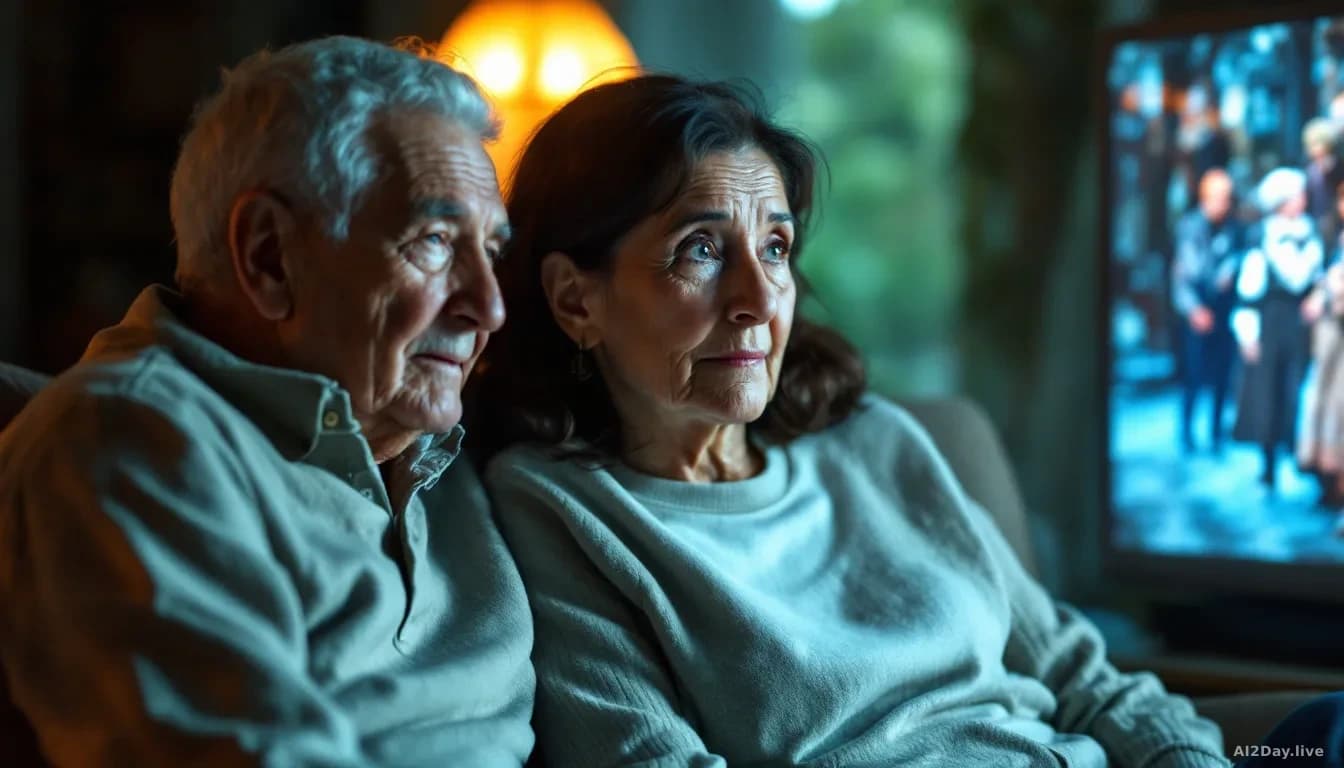 An elderly couple sitting together looking at a glowing screen displaying a reconstructed scene from decades past, their expressions thoughtful and emotional in
