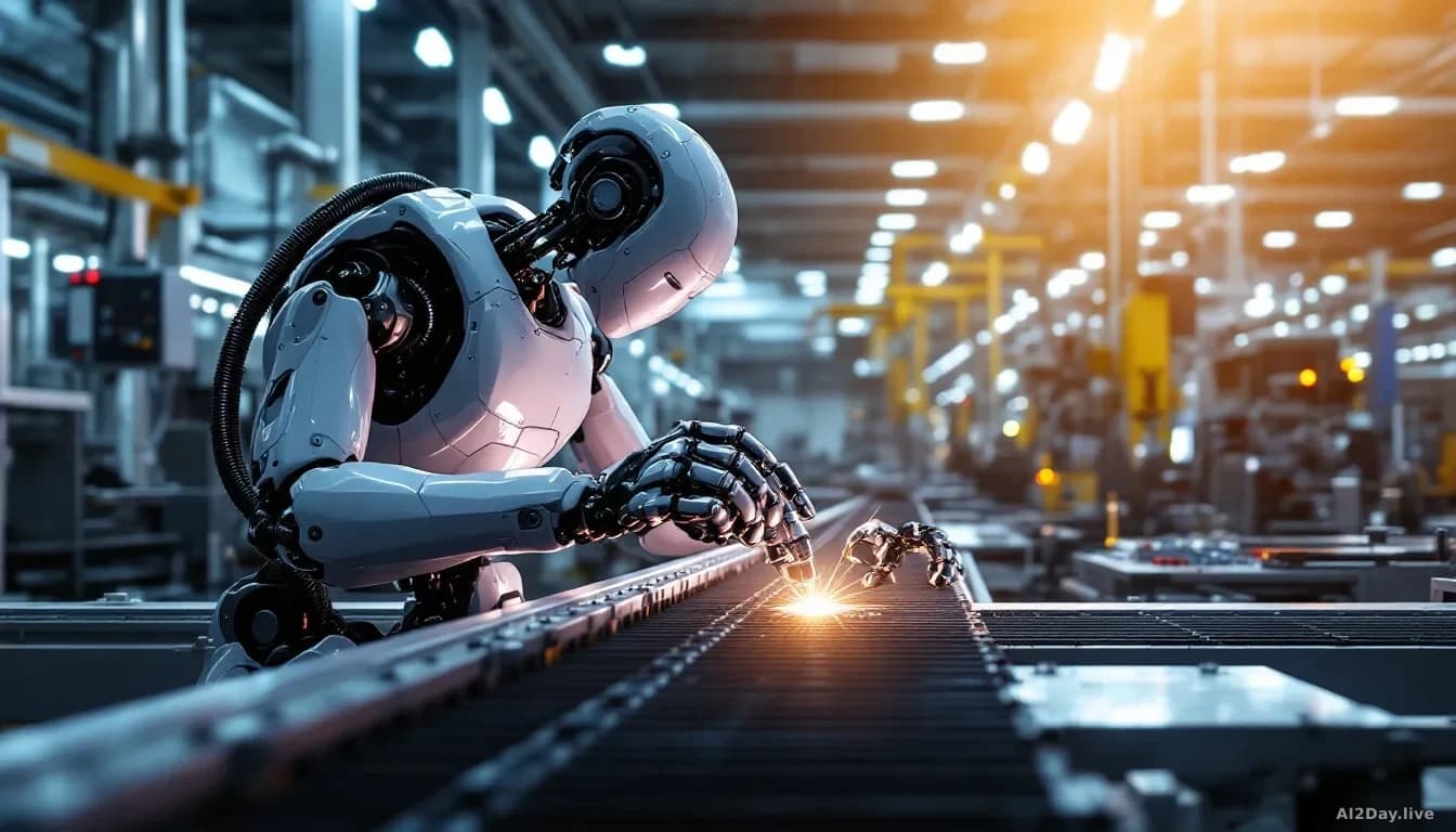 A humanoid robot arm performing precise assembly work on a factory conveyor belt, with industrial equipment and production line infrastructure visible in the ba