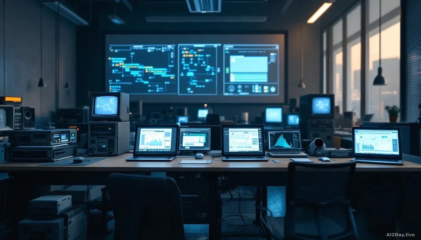 A legacy computer terminal room with vintage mainframe-style equipment visible, alongside modern laptops and AI workflow visualization dashboards showing the tr