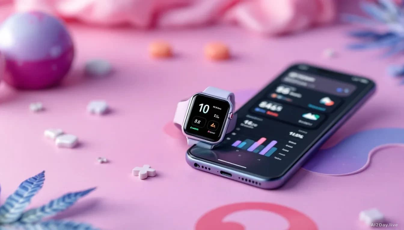 A smartwatch and smartphone displaying personalized health metrics, biometric data visualizations, and activity graphs on their screens, positioned on a wellnes