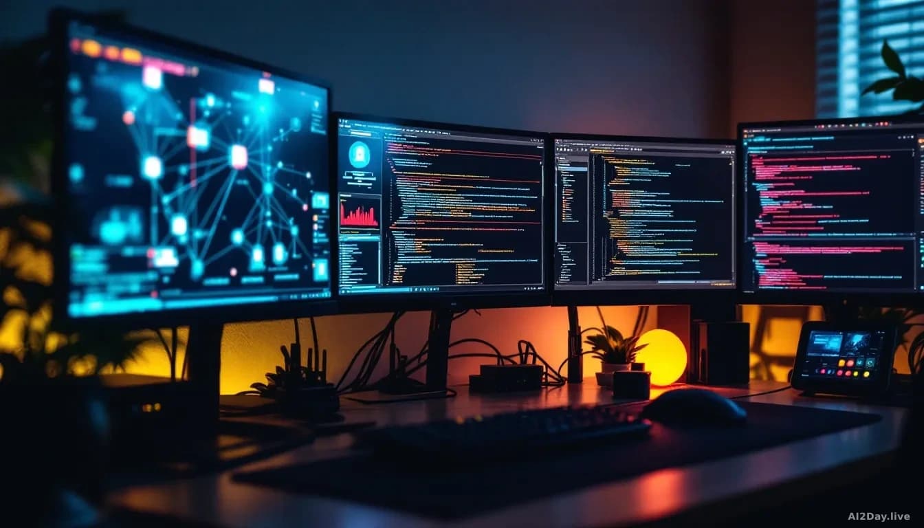 A home office desk setup with multiple computer monitors displaying network diagrams, security alerts, and code windows, router and network equipment visible, r