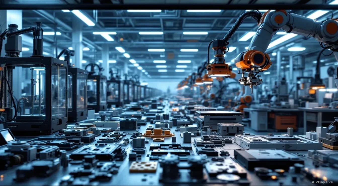 An industrial 3D printing facility with multiple printers in operation, metal hinge mechanisms in various production stages, with robotic arms handling and scan