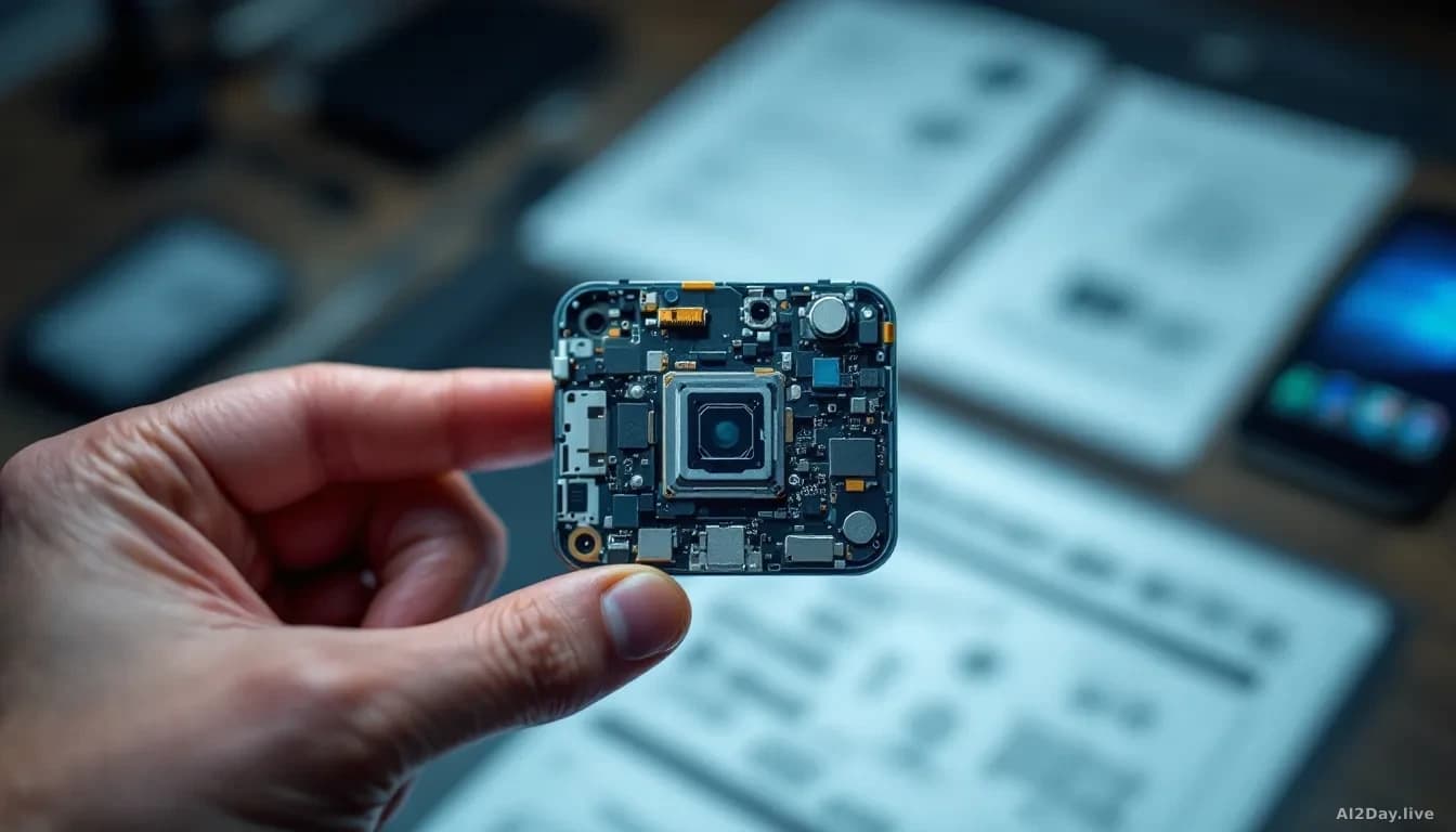Illustration: A smartphone camera module held under precision inspection