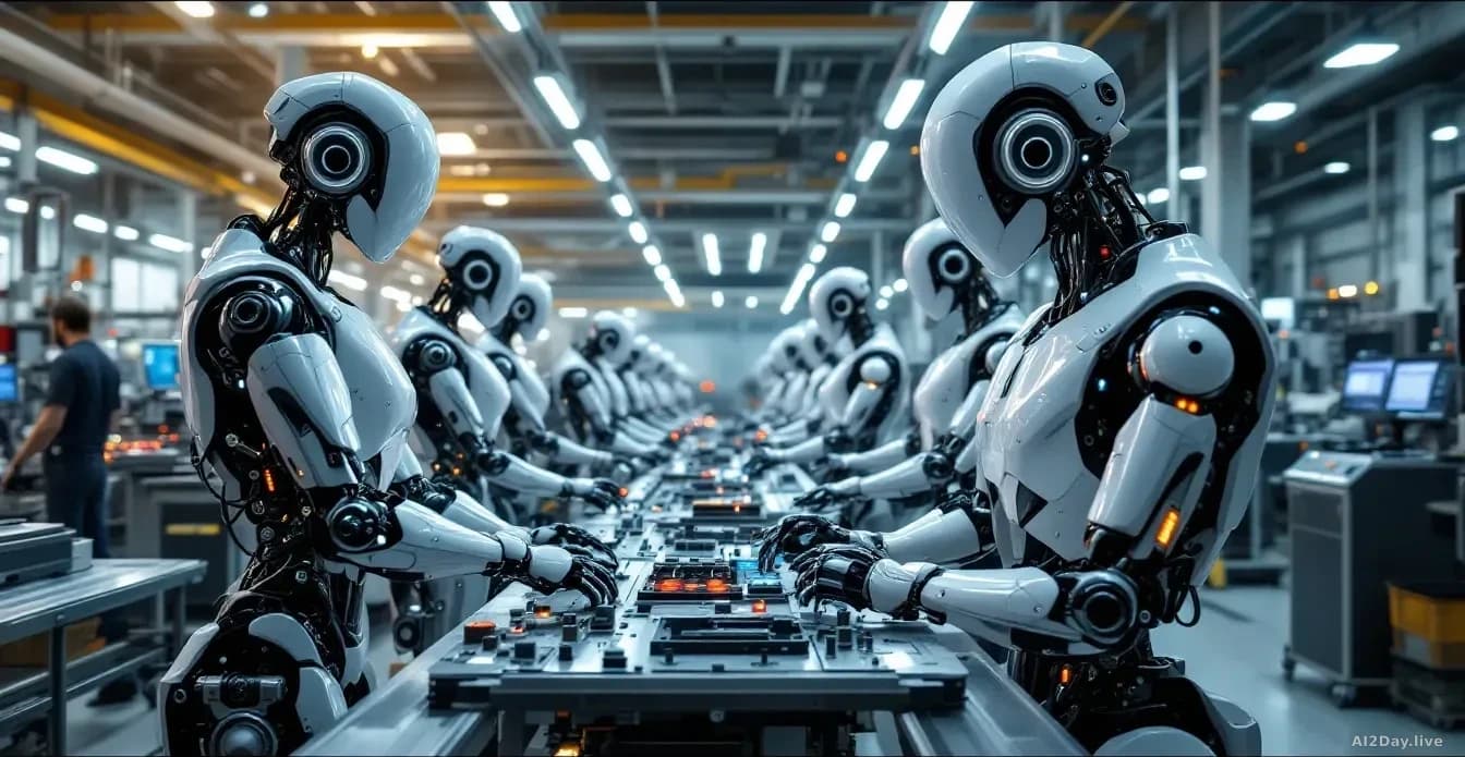 A modern robotics manufacturing facility with humanoid robots in various stages of assembly on production lines, precision machining equipment, and quality cont