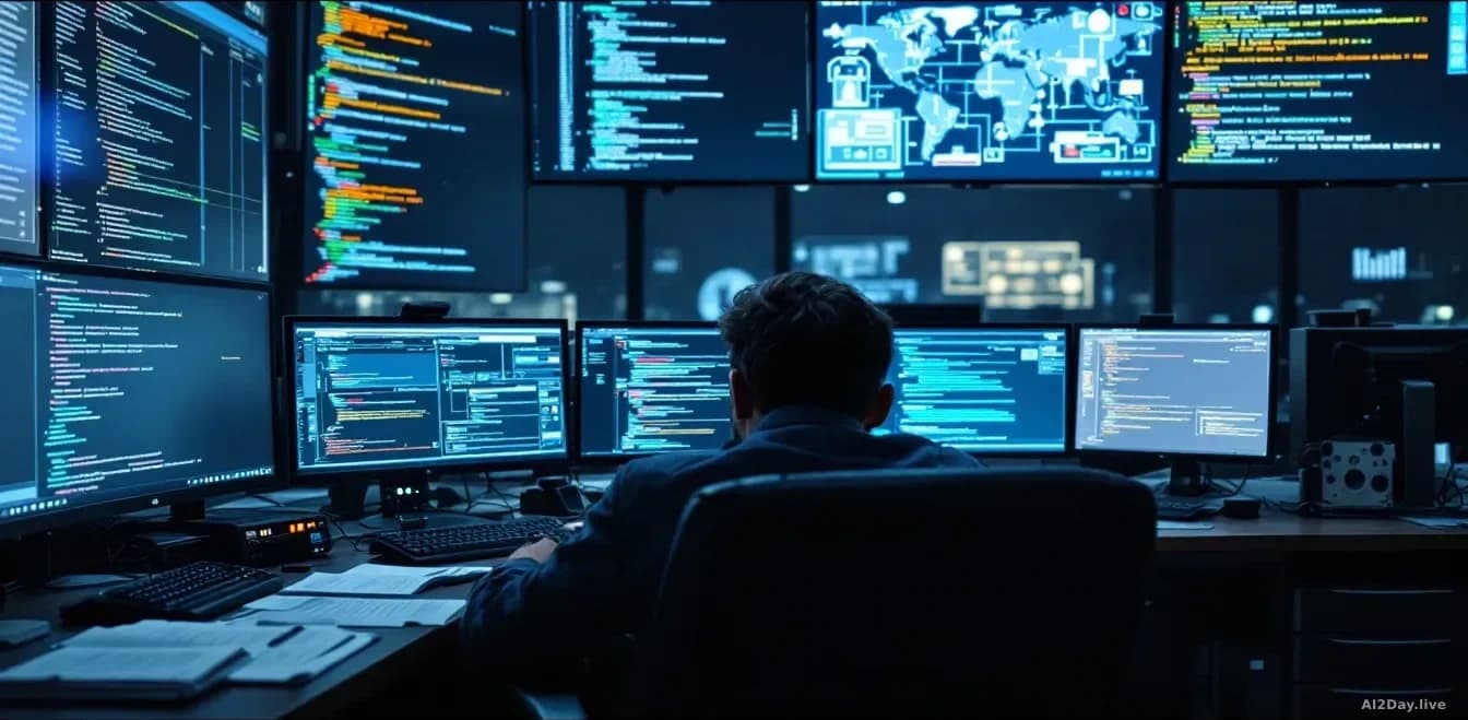 A government agency workspace with multiple computer monitors displaying code, security protocols, and network diagrams, classified documents on desks, suggesti