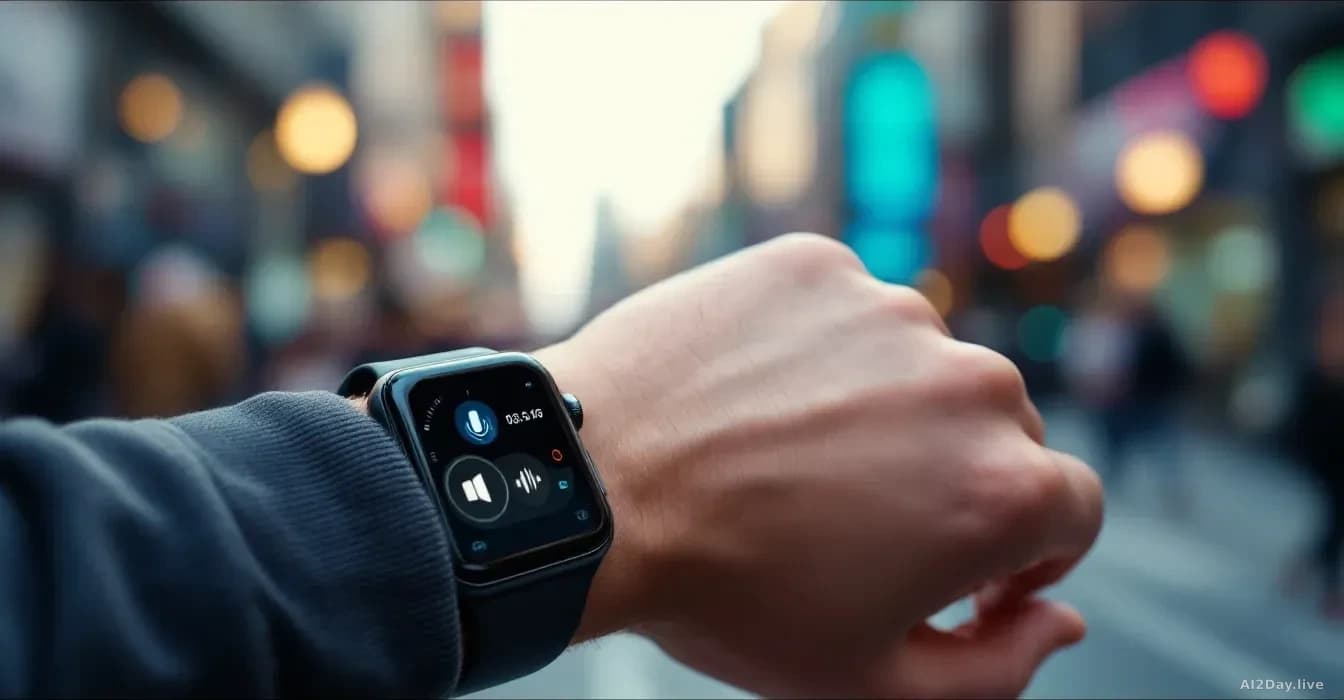 A close-up of a smartwatch worn on a wrist with the device's microphone and sensors visible, set against a blurred urban environment suggesting ambient sound ca