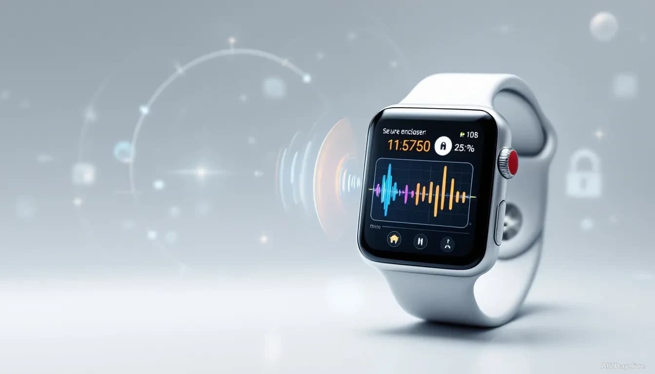 A smartwatch display showing audio waveforms and sound visualization in real-time, with a secure enclosure diagram superimposed, representing on-device processi