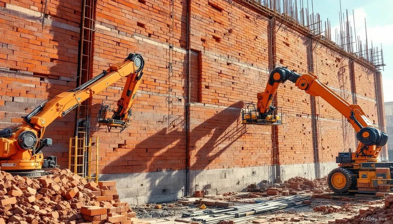 A construction site with robotic arms precisely positioning red clay bricks on a rising wall structure, with construction safety equipment and partially complet