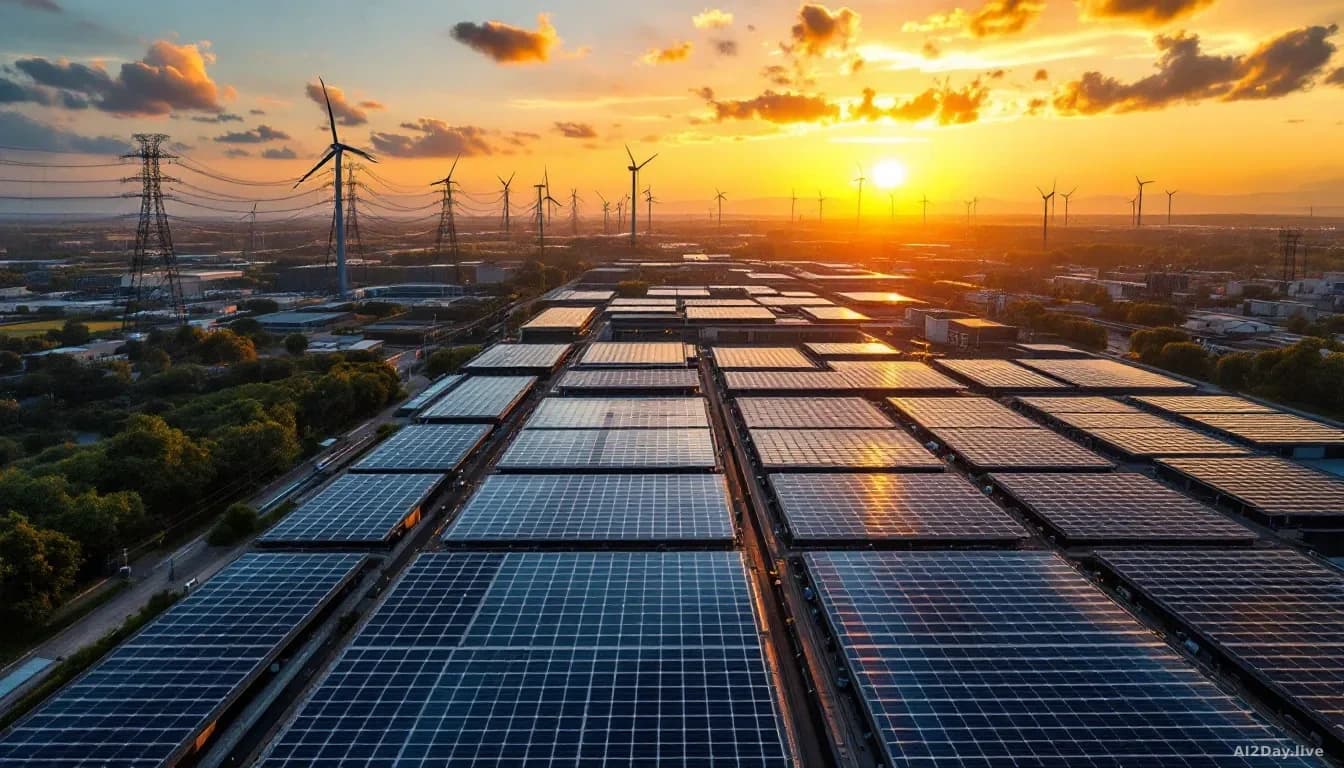 Illustration: a sprawling data centre complex at sunset with solar panel arrays covering massive rooftops and wind turbines