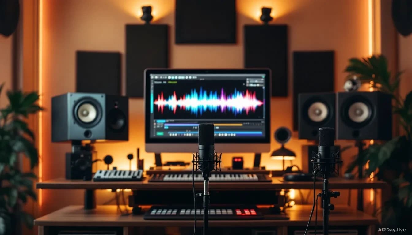 A recording studio setup with professional microphone, acoustic panels, and a computer monitor displaying waveforms and musical notation, with vinyl records sta