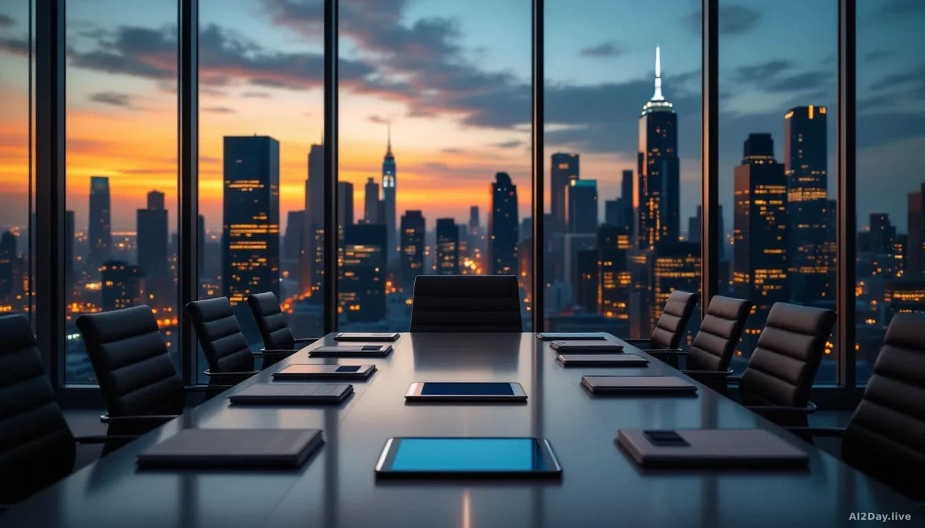 A modern corporate boardroom at dusk with floor-to-ceiling windows overlooking a city skyline, an empty chair positioned at a polished conference table with not