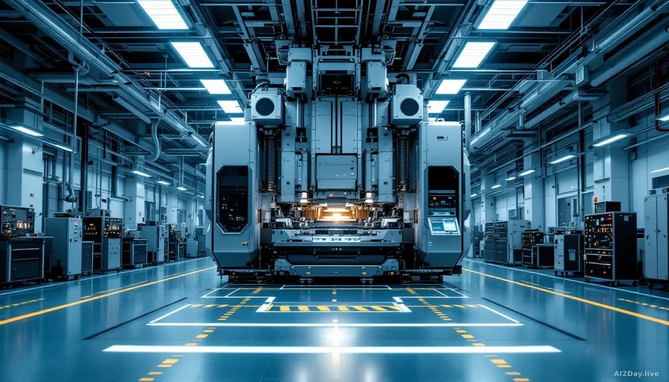 Inside a state-of-the-art semiconductor fabrication plant, an enormous lithography machine with complex optical systems looms over a clean-room floor marked wit