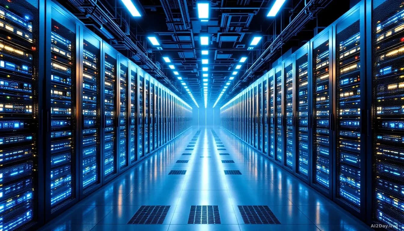 Illustration: a massive data centre facility with rows of server racks stretching into depth
