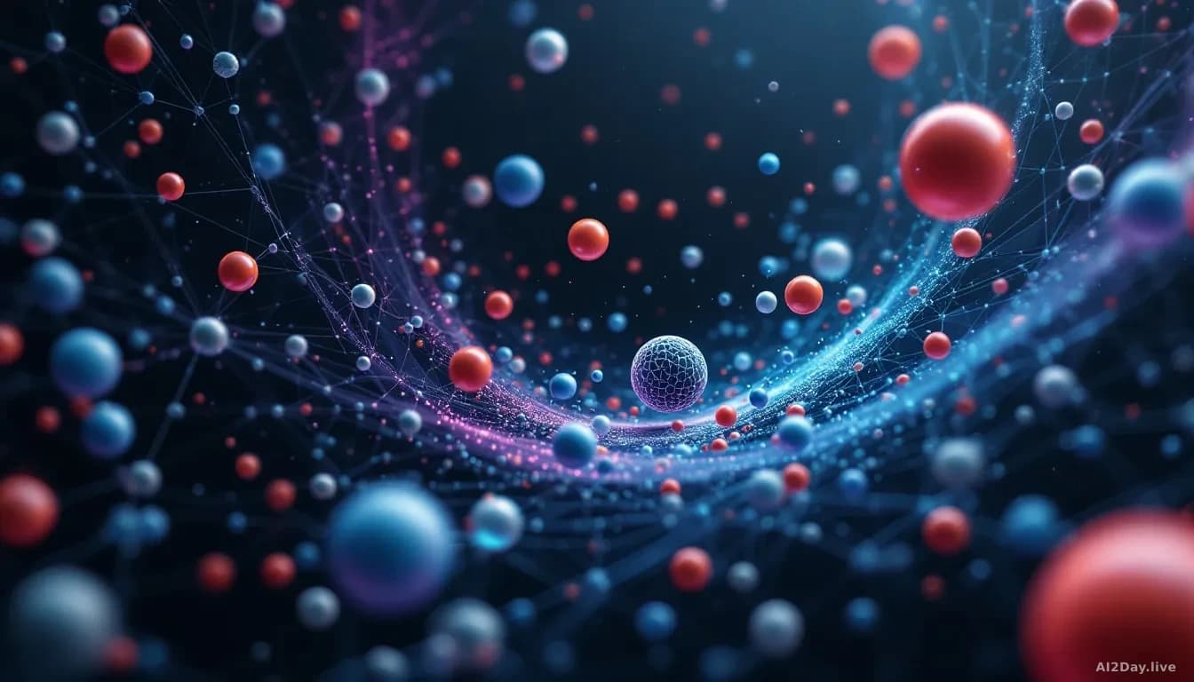 A digital visualization showing interconnected nodes and physics simulations—objects in mid-collision, gravitational arcs, and layered 3D geometric structures r