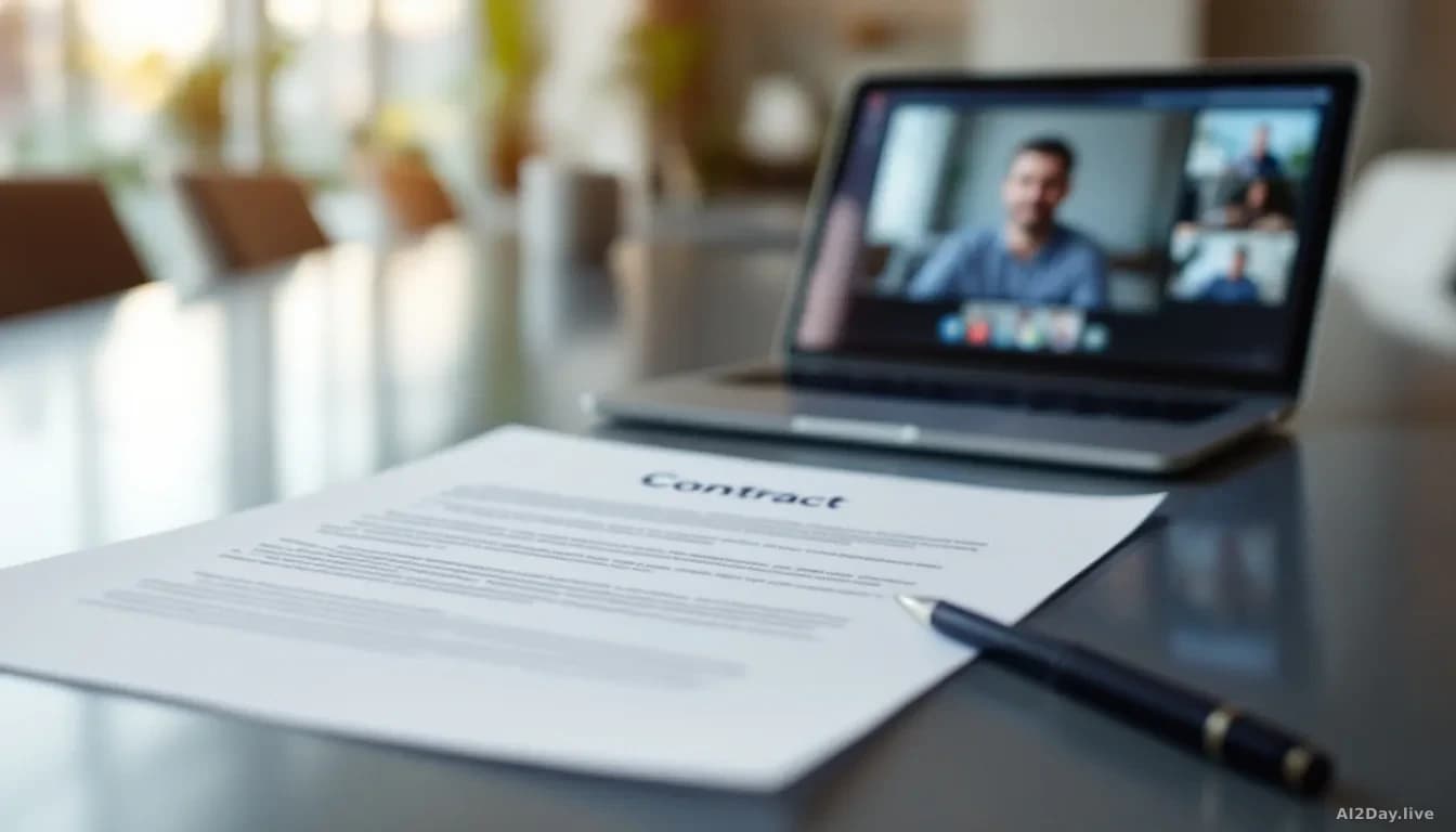 A sleek startup office conference room with a signed contract sitting on a polished table, the document partially visible with pen nearby, while a laptop displa