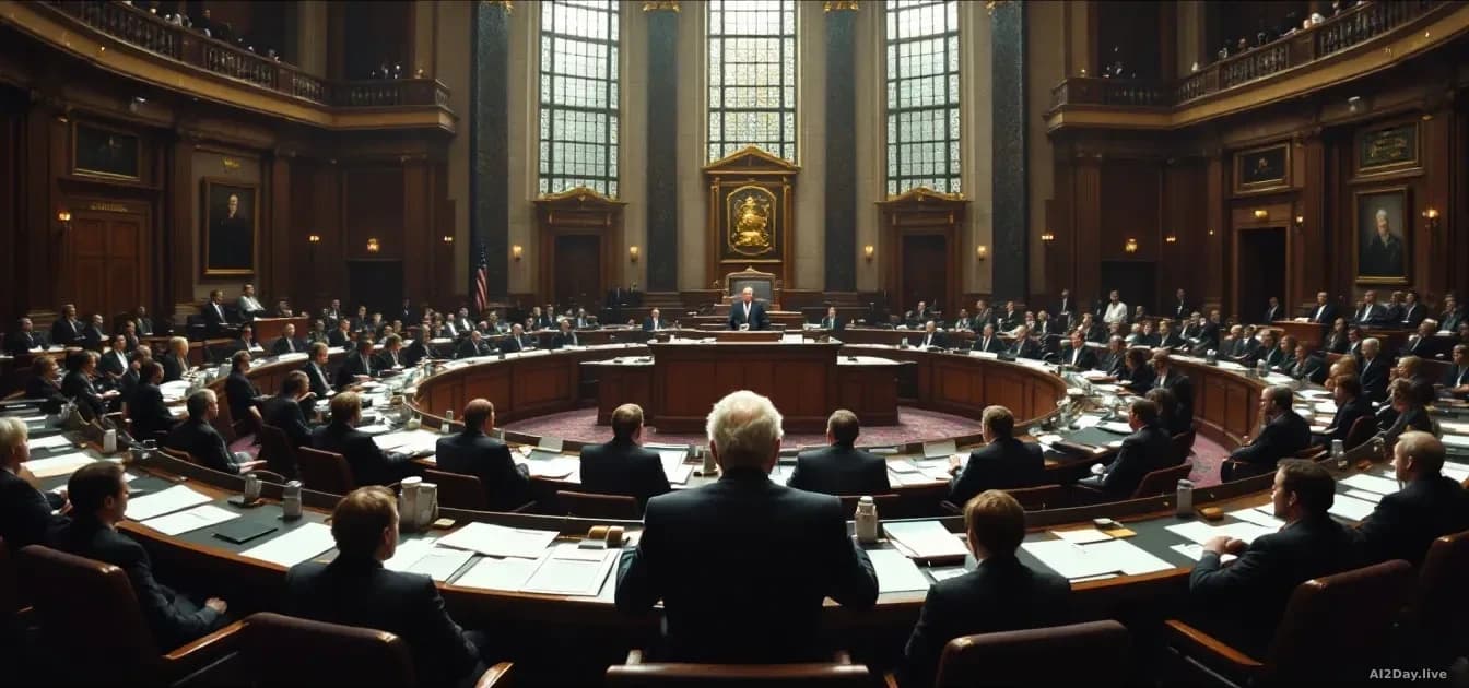 A legislative chamber or senate hearing room with politicians seated and speaking, with documents about AI safety warnings distributed on desks in front of them