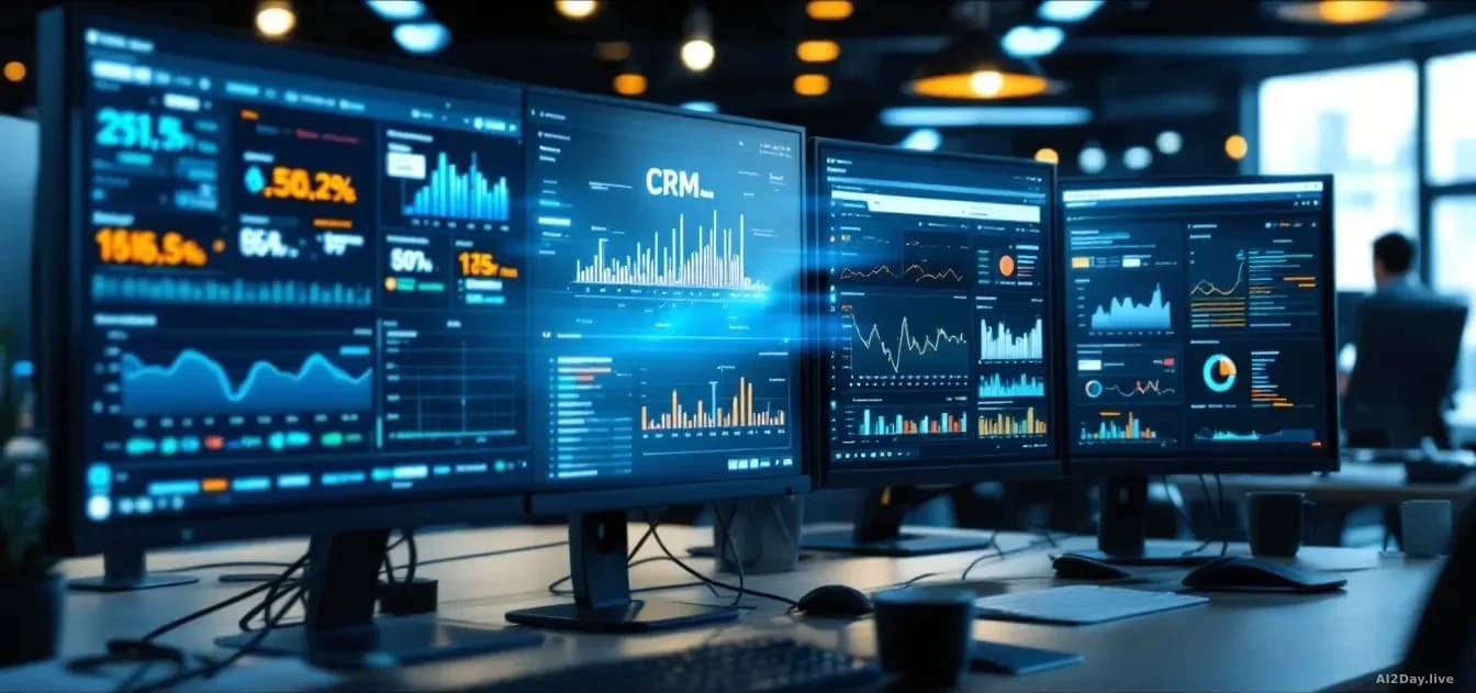 A corporate office workspace with multiple computer monitors displaying CRM dashboards and data migration visuals, showing software interfaces transitioning bet